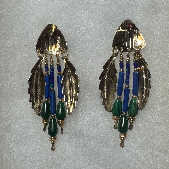 Tabra Tunoa Vintage Earrings - Malachite, Lapis Lazuli, and Gold-filled Leafs - Picture 2 of 6